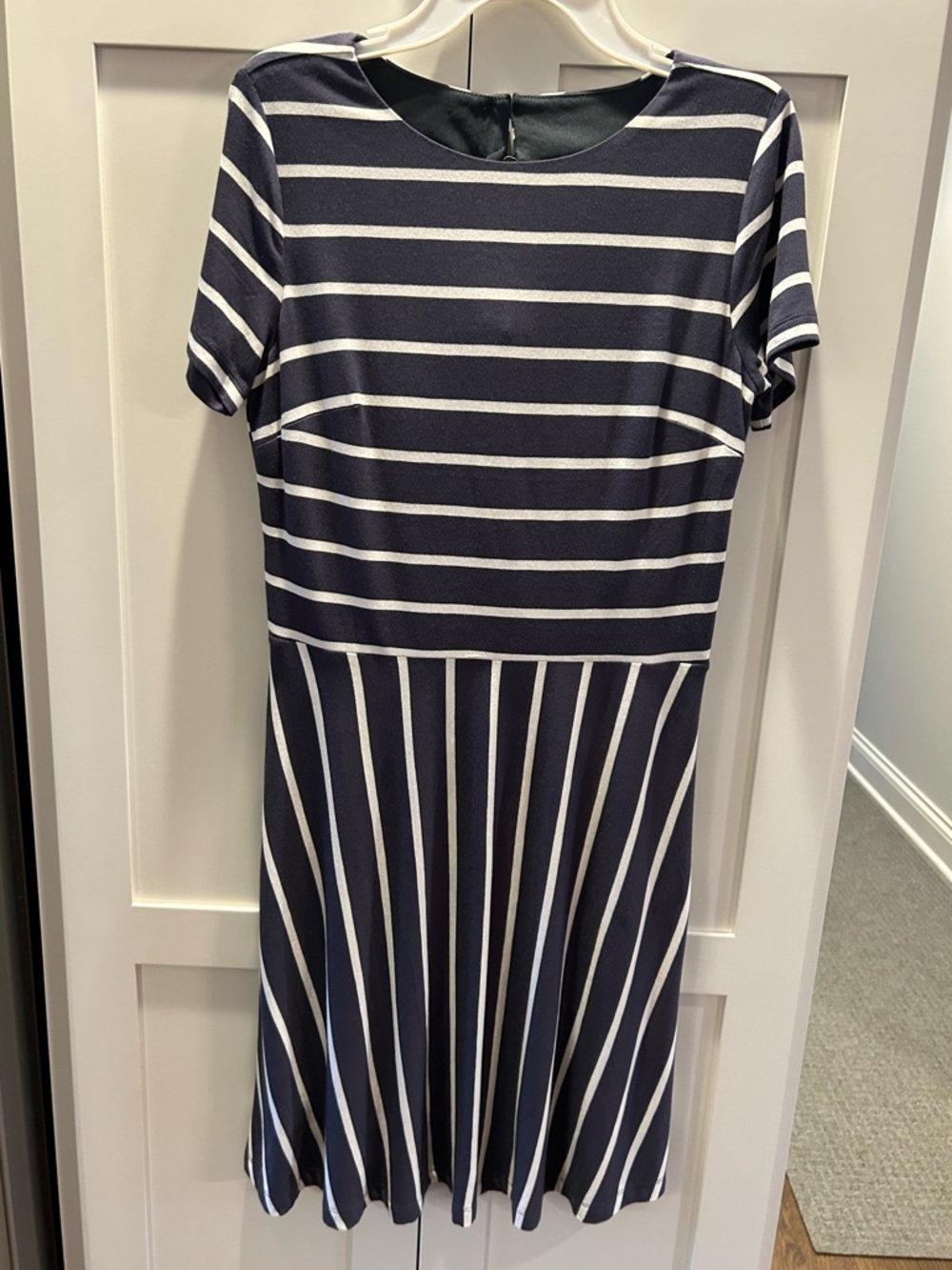Loft Gray and White Striped Short Sleeve Fit-and-Flare Dress
